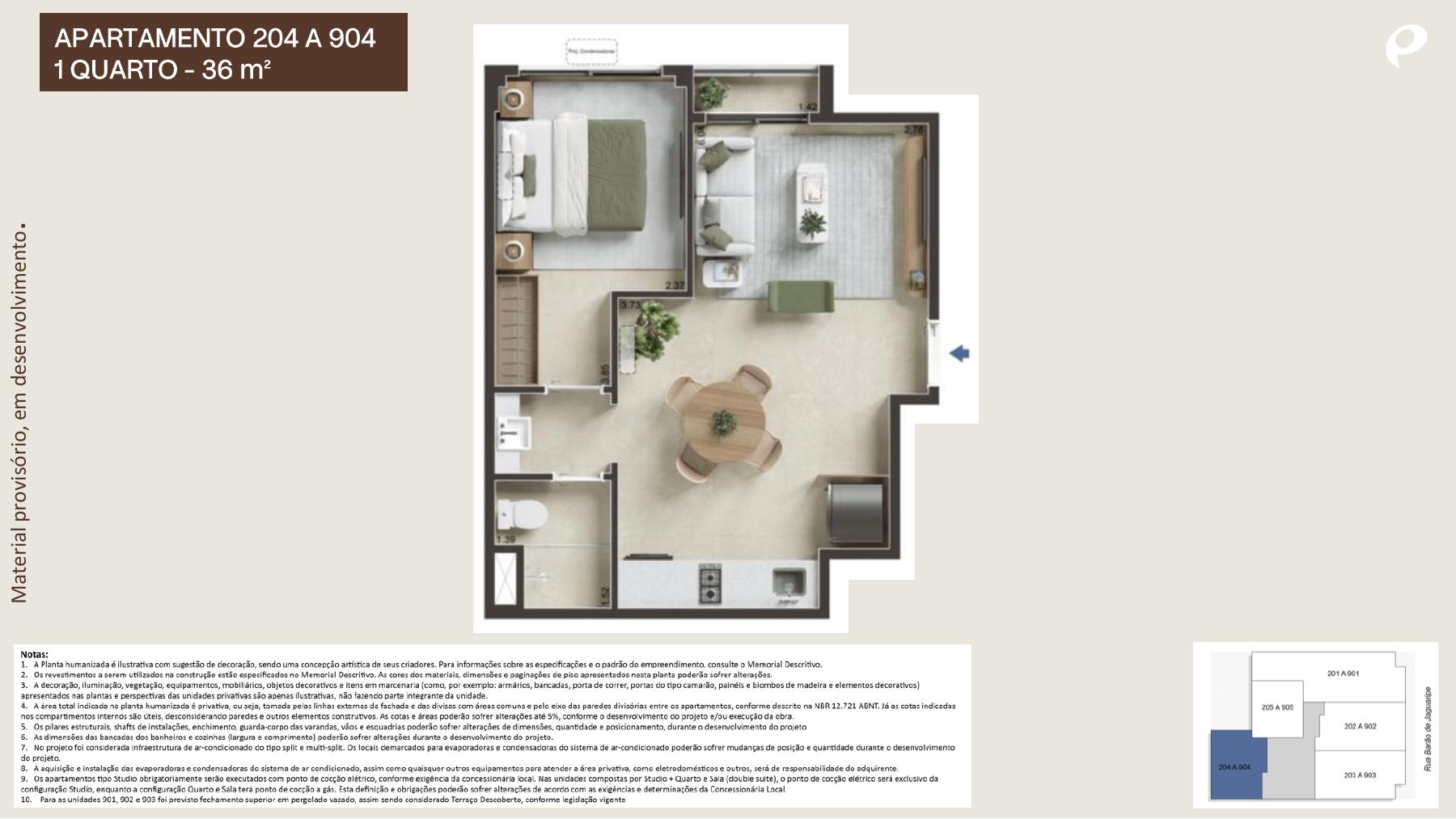 Planta do apartamento de 1 quarto com 36 m²