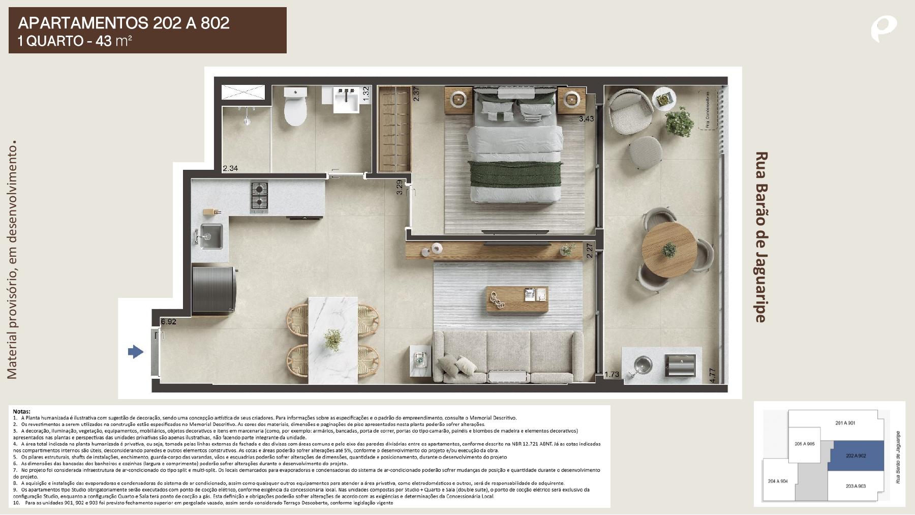 Planta do apartamento de 1 quarto com 43 m²