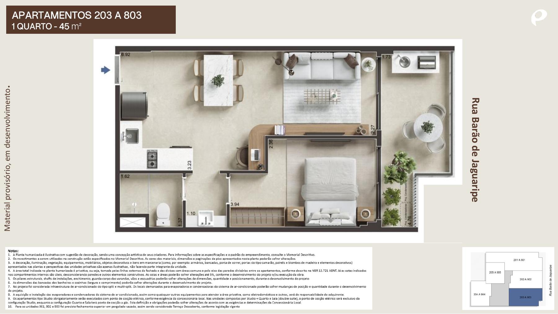 Planta do apartamento de 1 quarto com 45 m²
